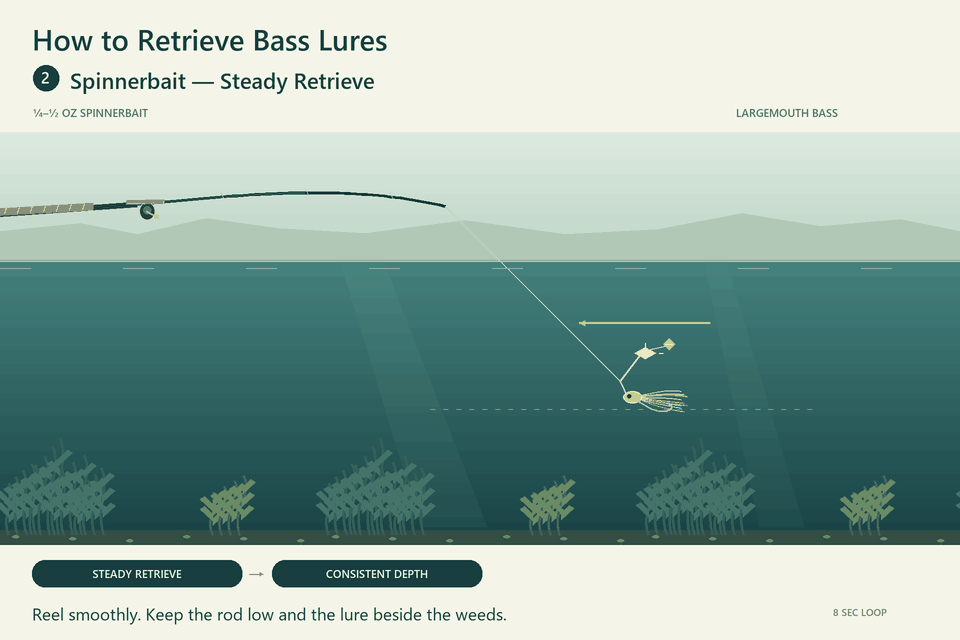 Animated spinnerbait retrieve at a steady speed and consistent depth.
